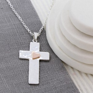 personalised hammered silver cross with gold heart