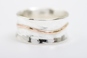 hammered silver ring with gold line