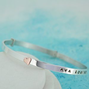 personalised silver bangle with gold heart