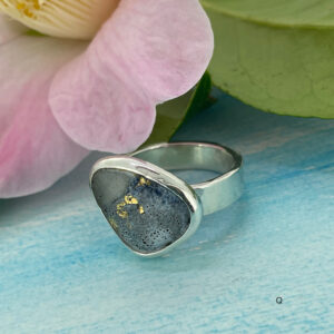 Grey enamel ring with gold detail size Q