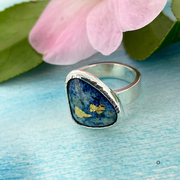 Blue enamel ring with gold detail in size O