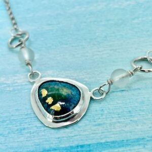 Teal blue and gold enamel necklace