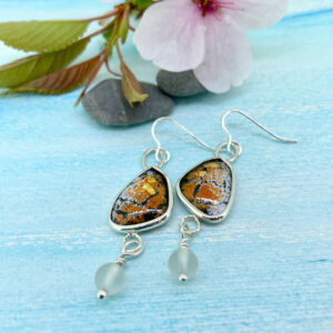 Orange and gold enamel earrings handmade in Cornwall