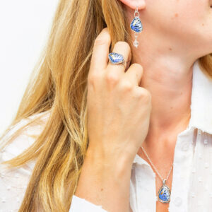 Blue enamel ring, necklace and earrings