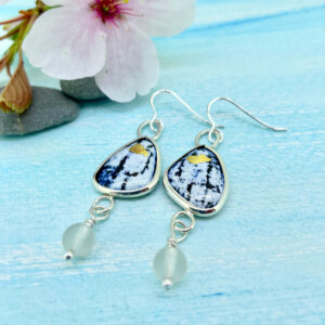 Navy white and gold enamel earrings handmade in Cornwall