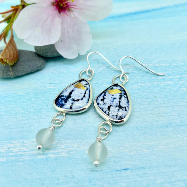 Navy white and gold enamel earrings handmade in Cornwall