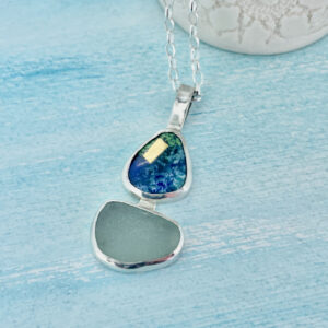 Turquoise enamel and sea glass pendant