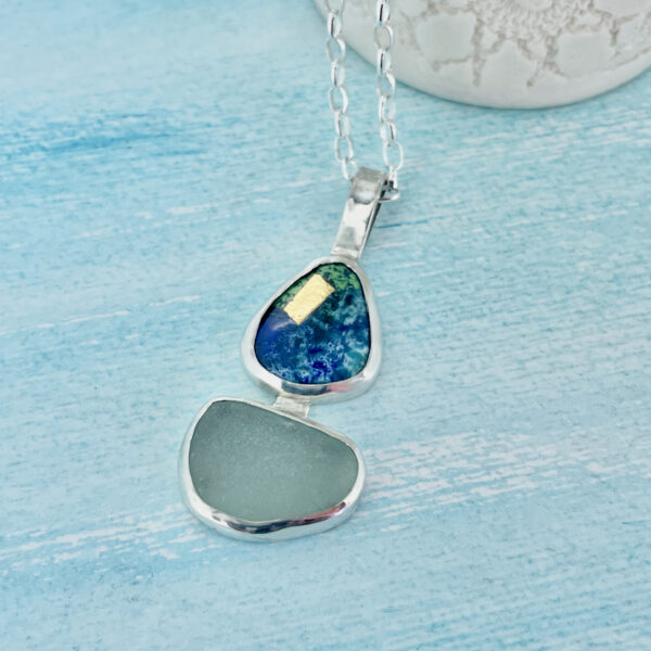 Turquoise enamel and sea glass pendant