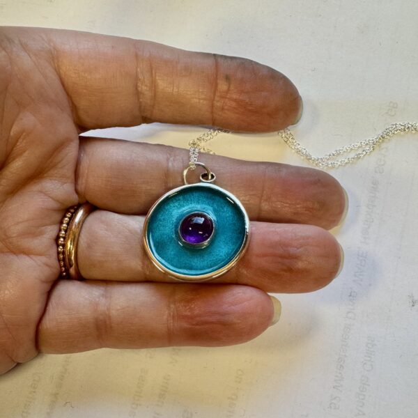 Turquoise enamel pendant with amethyst